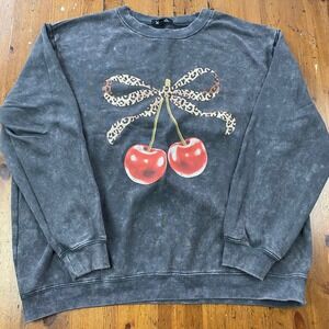 VINYL ICONS Grey Mineral Wash Cherry Bow Leopard Graphic Crew Neck Sweatshirt XL